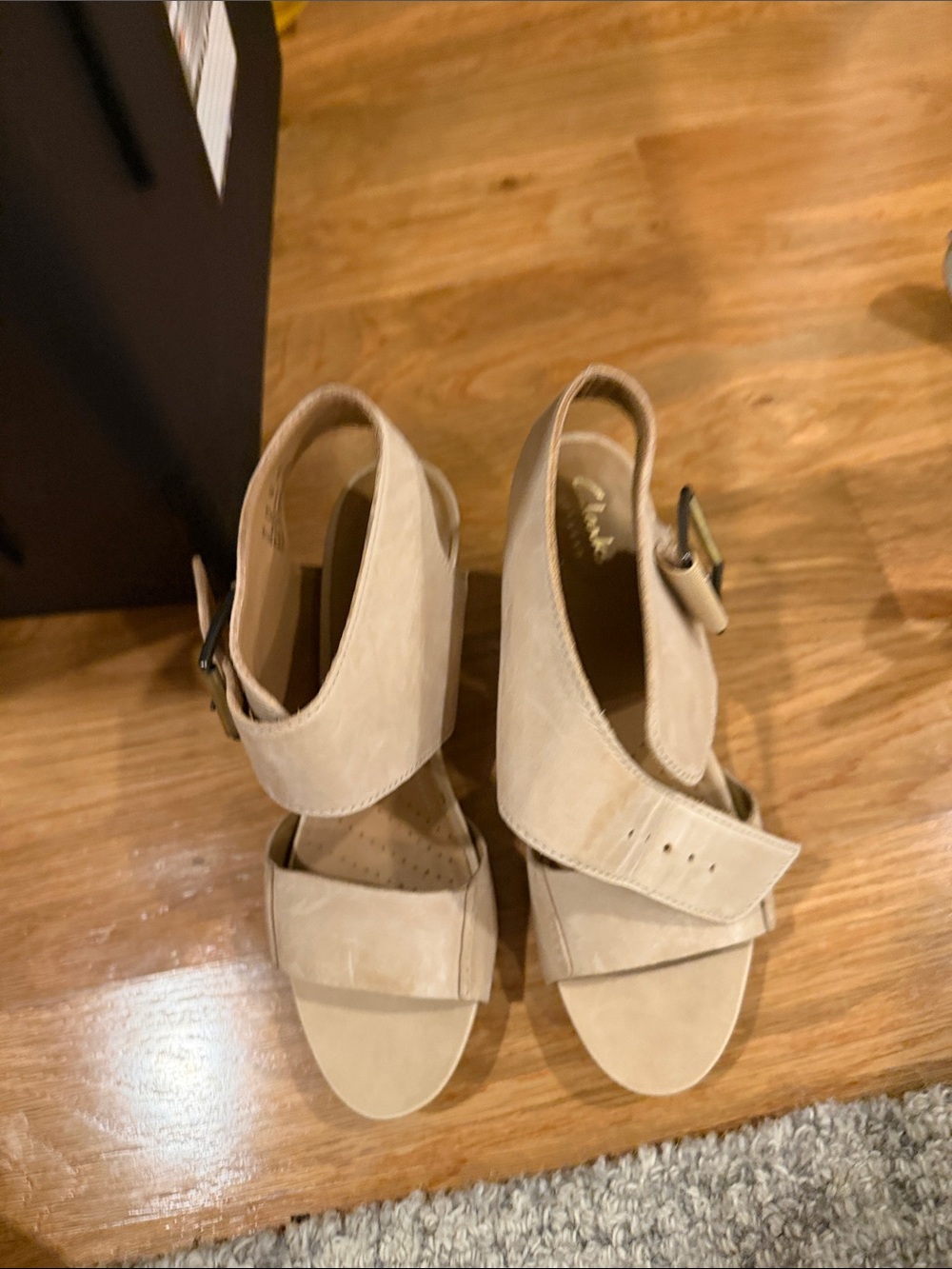 Clarks Beige Suede Wedge Sandals with Ankle Strap